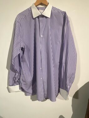 Brioni Men's Purple and White Stripe Dress Shirt